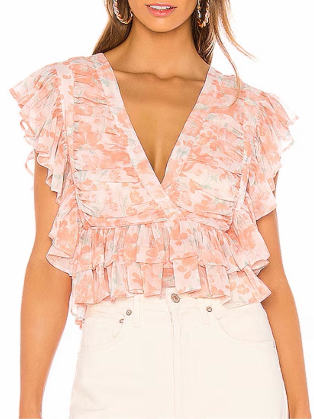 Tularosa Kaia Blush Floral Ruffle Crop Top